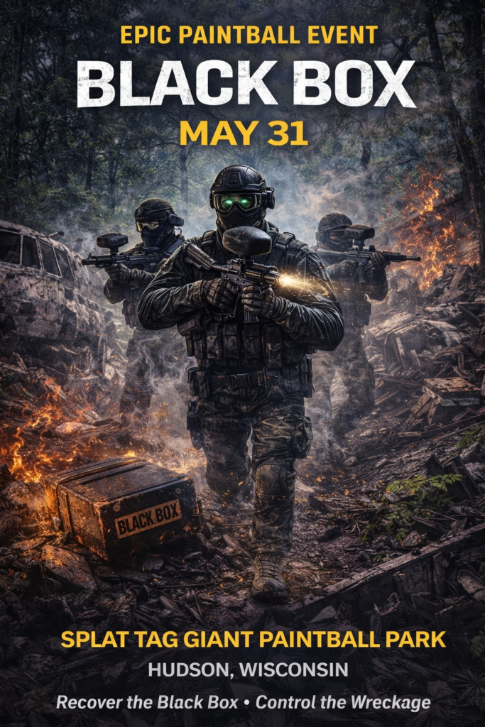 "Black Box" Scenario Paintball Game May 31, 2026 at Splat Tag Giant Paintball Park in Hudson, Wisconsin.
