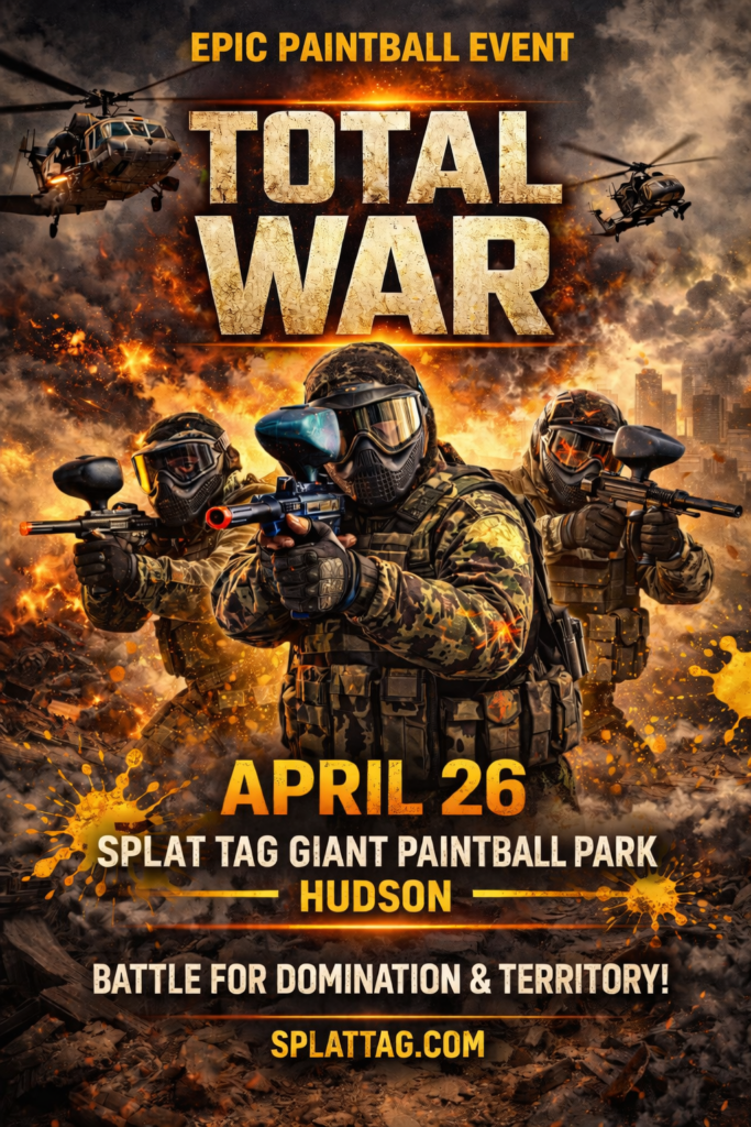 "TOTAL WAR" Poster for April 26, 2026 scenario paintball game at Splat Tag Giant Paintball Park