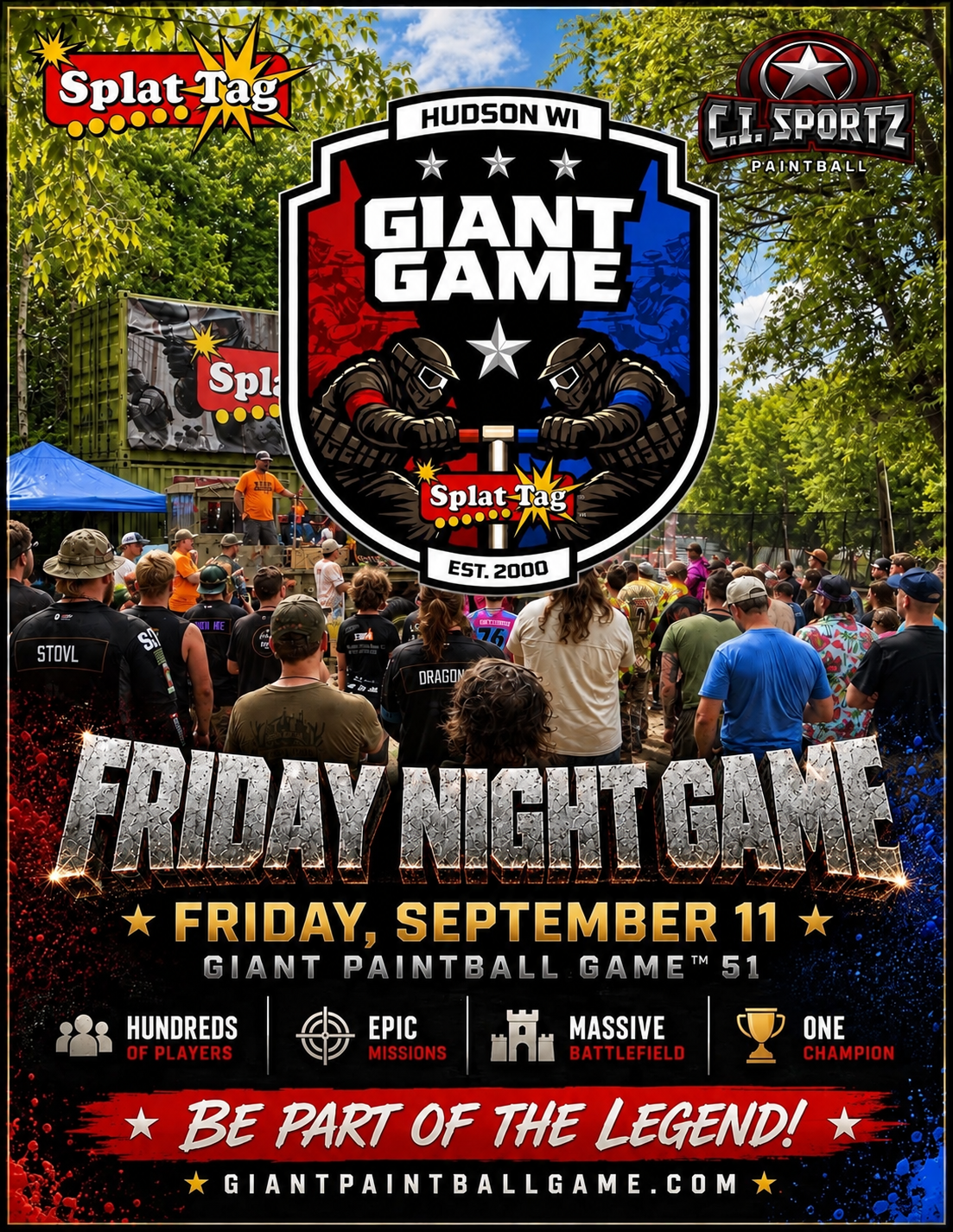 Outdoor paintball poster for Giant Game; large crest logo, crowd of players, and date Friday, September 11.